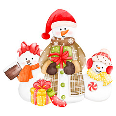 Cute Watercolor Christmas Snowman,  Digital paint watercolor illustration