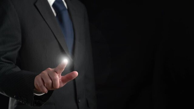 Businessman show hologram of programming coding allusive technology. Virtual augmented reality generated by 3D rendering motion graphic and animation to create futuristic HUD .