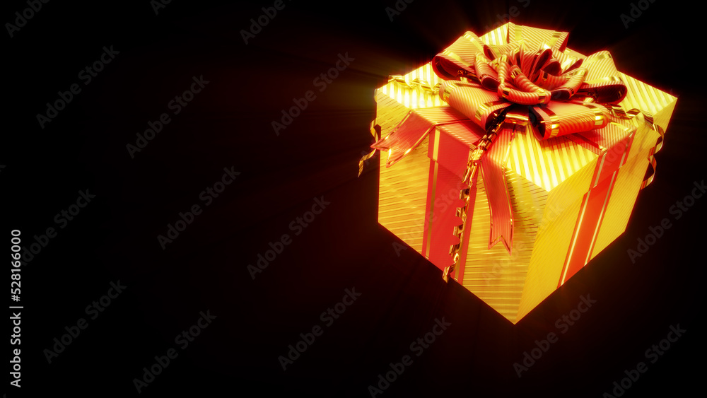 Poster glowing decorated golden and red giftbox on black, isolated - object 3d rendering