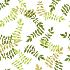 Naklejka na ściany i meble Hand drawn branches with leaves seamless pattern. Simple organic background.