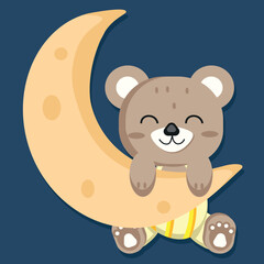 Brown bear on the moon. Sleepy bear, night