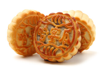 Mid-Autumn Festival moon cake on white background（Non-English texts translation :cantaloupe）