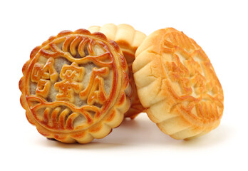 Mid-Autumn Festival moon cake on white background（Non-English texts translation :cantaloupe）