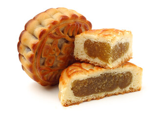 Mid-Autumn Festival moon cake on white background（Non-English texts translation :cantaloupe）