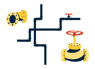 Set of gas pipeline elements. Valve for closing or opening the gas supply. Connecting elements in metal structures. Illustration in flat cartoon graphic style. Connecting pipe with a bend.