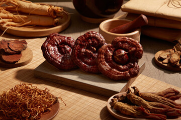  Red ginseng, ginseng, cinnamon, cordyceps, and a mortar are arranged around a cutting board for...