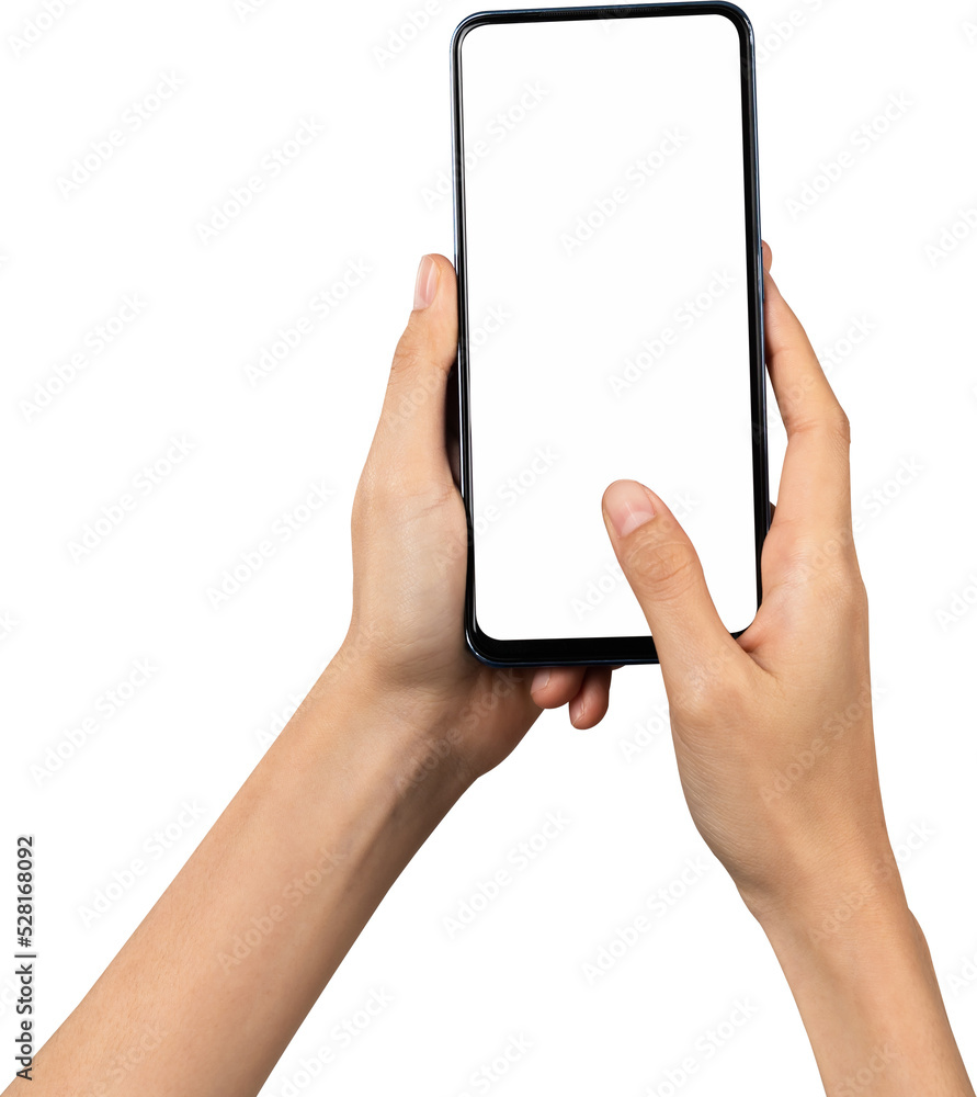 Wall mural Hand holding smartphone isolated on background. PNG format file.