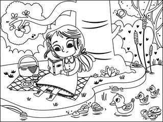 Black and white illustration of a young girl having picnic in nature and reading a book. Painting activity for children.