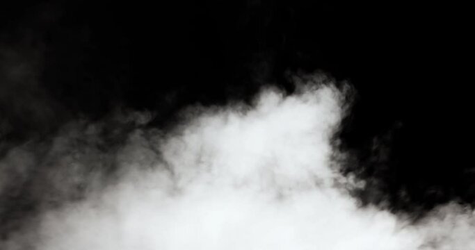 A jet of white smoke, steam, fog or gas on a black background.