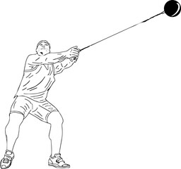 Hammer throw vector, Hammer throw athlete outline sketch drawing, Line art cartoon doodle of hammer throw player, Sports man clip art