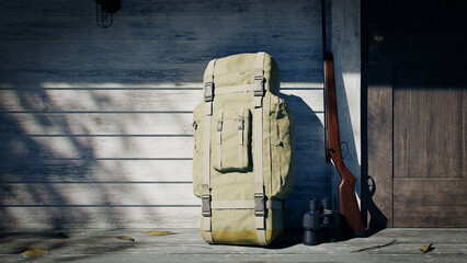 hunting rifle and backpack infront of cabin, 3d rendering