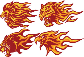 Wild Animals Flaming Flame Heads Set. Lion, Tiger, Jaguar, Panther Eagle Mascot Logo Design © vectorfarmer