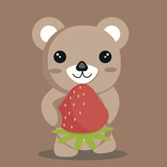 Brown bear eats strawberries. taste of summer, children's drawing