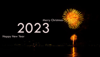 2023 Happy New Year Text on Fireworks Black Background,Card or Poster Celebration Festive Christmas New Start Backdrop,Free Space Mock Up Display for add Product and Company Presentation.Party Symbols