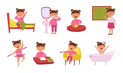 Children's daily routine vector set. Illustrations of a cute cheerful girl wakes up and performs routine daily activities. Scheduler. Brushing teeth, studying at school, ballet class, homework, rest