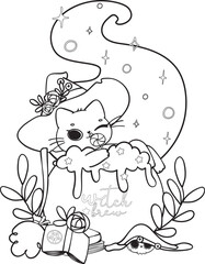 cute Halloween magic witch cat cartoon outline doodle vector for colouring book
