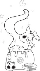 cute Halloween magic witch cat cartoon outline doodle vector for colouring book