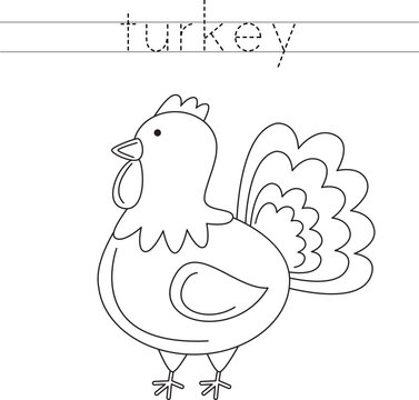 Trace the letters and color turkey. Handwriting practice for kids.
