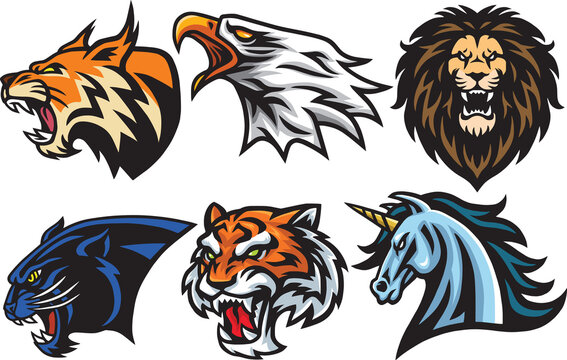 Wild Animals Heads Logo Mascot Set. Lion, Tiger, Jaguar, Lynx, Eagle, Unicorn Mascot Logo Design Pack