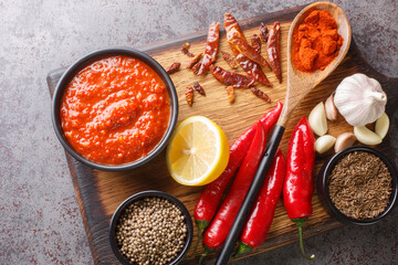 Traditional homemade harissa hot chili pepper sauce paste with garlic and olive oil on the bowl on wooden board with ingredients closeup. Horizontal top view from above