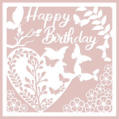 Happy Birthday card, paper cut art style, paper craft. Birthday card with butterflies and flowers. 