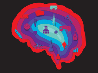 brain 3d layered paper cut craft style silhouette with abstract vibrant shapes vector illustration