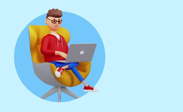 The concept of distance work, study and communication in comfortable conditions at home. Cartoon character sits is resting in a chair and watching a video on a laptop.