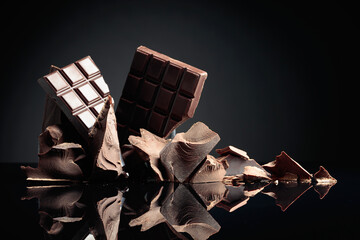 Broken chocolate bar and pieces of dark chocolate.