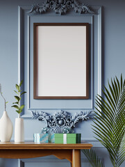 Photo Frame mockup with ornament wall, 3d rendering