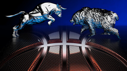 Metallic red basketball and metallic silver bull and bear sculpture staring at each other in dramatic blue-black contrasting light background. Concept 3D CG of serious battle of pride.