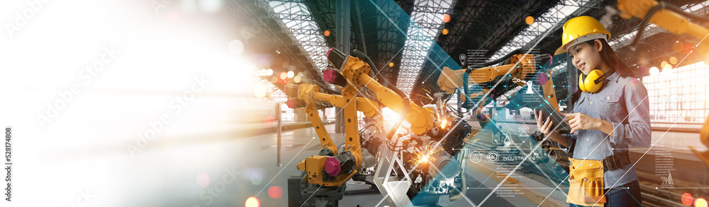 Poster .Engineer check and control welding robotics arm system for digital industry using software connected to internet network in intelligent factory industrial with monitoring system. Industry 4.0