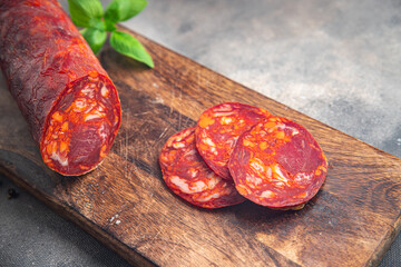 chorizo sausage meat fresh dish healthy meal food snack on the table copy space food background 