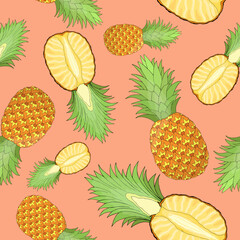 Whole and cut pineapple random repeat seamless pattern. Tropical fruit endless texture. Irregular boundless background. Pastel summer surface design. Editable tile for cloth, interior, notebook cover