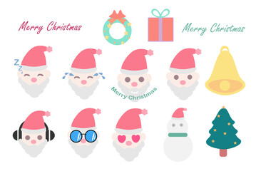 Big Christmas Santa Claus and New Year's costume set of funny cartoon Santa with different moods. isolated on a white background