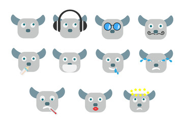 Set of cute cartoon buffalo in various poses on white background.