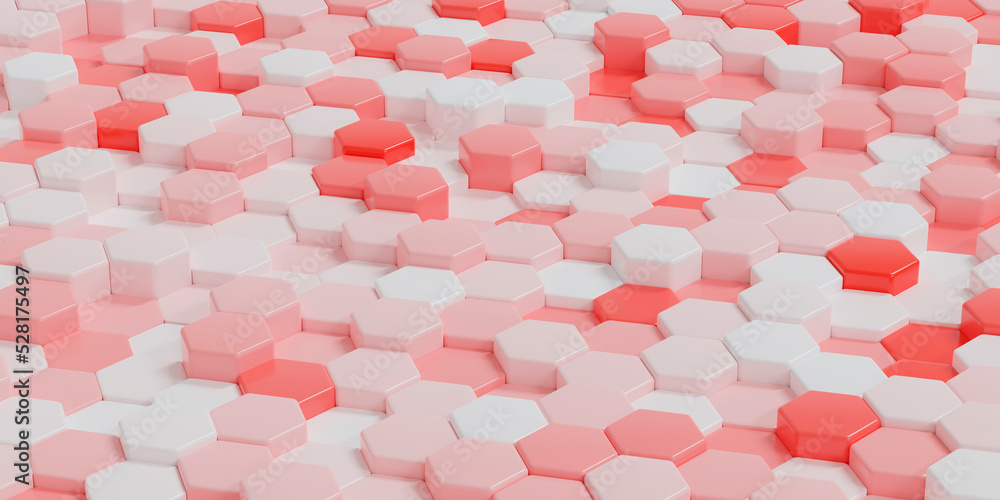 Poster geometric hexagons white and red colors, luxury abstract background. horizontal format banner. 3d re