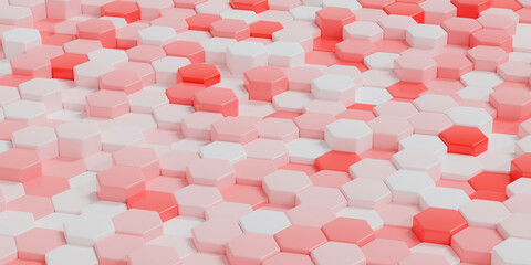 Geometric hexagons white and red colors, luxury abstract background. Horizontal format banner. 3d rendering illustration.