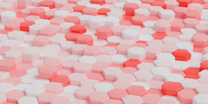 Geometric hexagons white and red colors, luxury abstract background. Horizontal format banner. 3d rendering illustration.