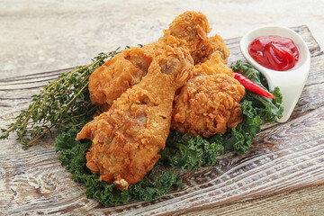 Fried chicken drumsticks with tomato sauce