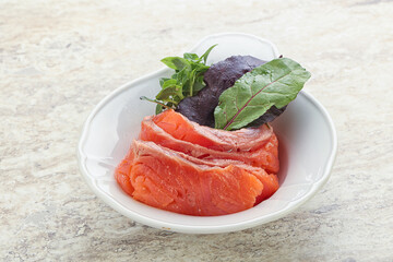 Sliced salmon fillet starter snack