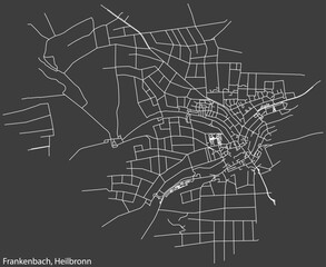 Detailed negative navigation white lines urban street roads map of the FRANKENBACH DISTRICT of the German regional capital city of Heilbronn, Germany on dark gray background