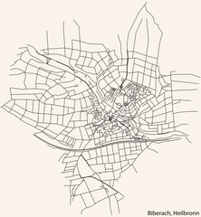 Detailed navigation black lines urban street roads map of the BIBERACH DISTRICT of the German regional capital city of Heilbronn, Germany on vintage beige background