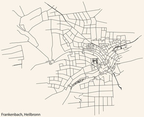 Detailed navigation black lines urban street roads map of the FRANKENBACH DISTRICT of the German regional capital city of Heilbronn, Germany on vintage beige background