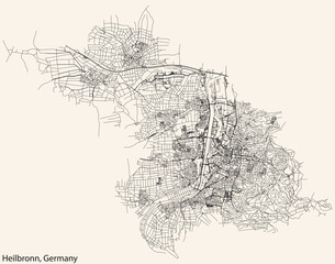 Detailed navigation black lines urban street roads map of the German regional capital city of HEILBRONN, GERMANY on vintage beige background