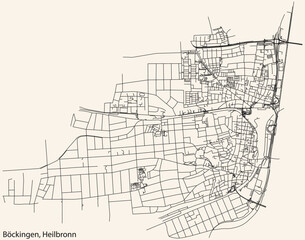 Fototapeta na wymiar Detailed navigation black lines urban street roads map of the BÖCKINGEN DISTRICT of the German regional capital city of Heilbronn, Germany on vintage beige background