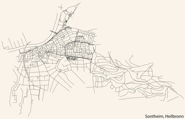 Obraz premium Detailed navigation black lines urban street roads map of the SONTHEIM DISTRICT of the German regional capital city of Heilbronn, Germany on vintage beige background