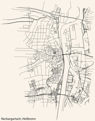 Detailed navigation black lines urban street roads map of the NECKARGARTACH DISTRICT of the German regional capital city of Heilbronn, Germany on vintage beige background