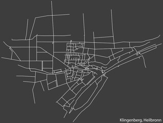 Detailed negative navigation white lines urban street roads map of the KLINGENBERG DISTRICT of the German regional capital city of Heilbronn, Germany on dark gray background