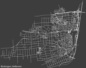 Detailed negative navigation white lines urban street roads map of the BÖCKINGEN DISTRICT of the German regional capital city of Heilbronn, Germany on dark gray background