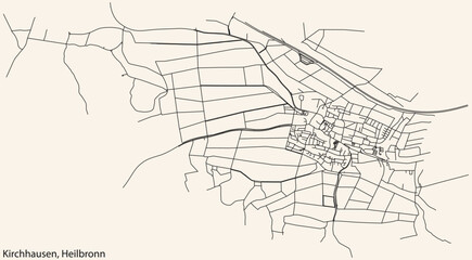 Detailed navigation black lines urban street roads map of the KIRCHHAUSEN DISTRICT of the German regional capital city of Heilbronn, Germany on vintage beige background